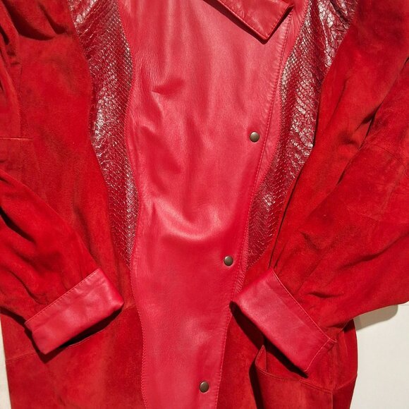 Vintage 80s Jutta Covian Red Leather Suede Full Length Coat with Snakeskin Accen - Picture 3 of 7